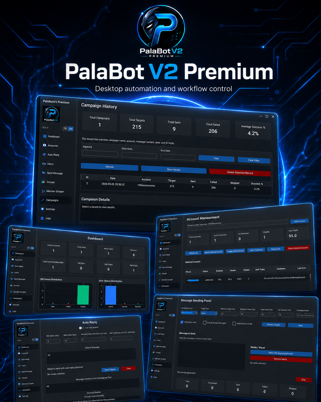 PalaBot V2 Premium logo and desktop application screenshots